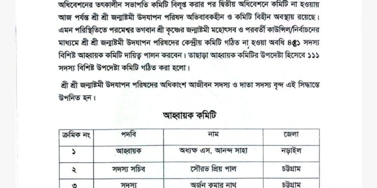 জন্মাষ্টমী উদযাপন পরিষদের পাল্টা আহ্বায়ক কমিটি ঘোষণা