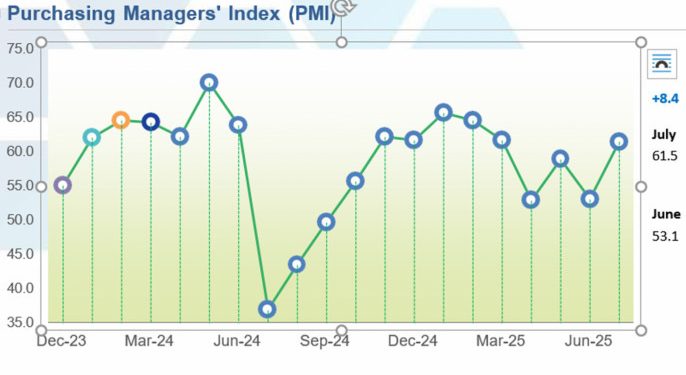 জুলাইয়ে বাংলাদেশের পিএমআই ৬১.৫ শতাংশ, গতি ফিরেছে দেশের অর্থনীতিতে